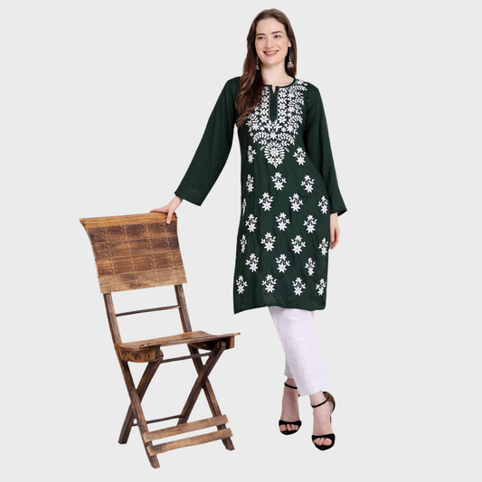 Women Lucknowi Chikankari Rayon Straight Kurta
