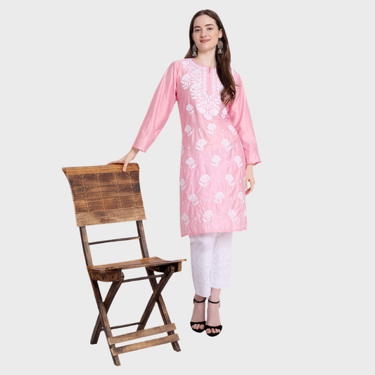 Women Chikankari Chanderi Silk Straght Kurti