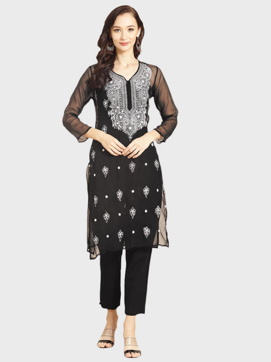 Women Lucknowi Chikankari  Straight Georgette Kurta