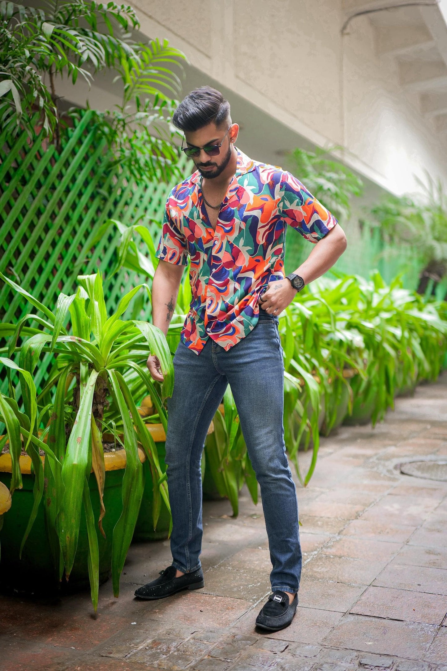 Men's Printed Rayon Cuban Collar Casual Shirt Multicolor