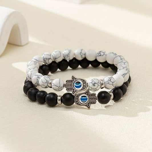 Fashion Frill Couple Beaded Onyx Evil Eye Stretchable Bracelet Black & White