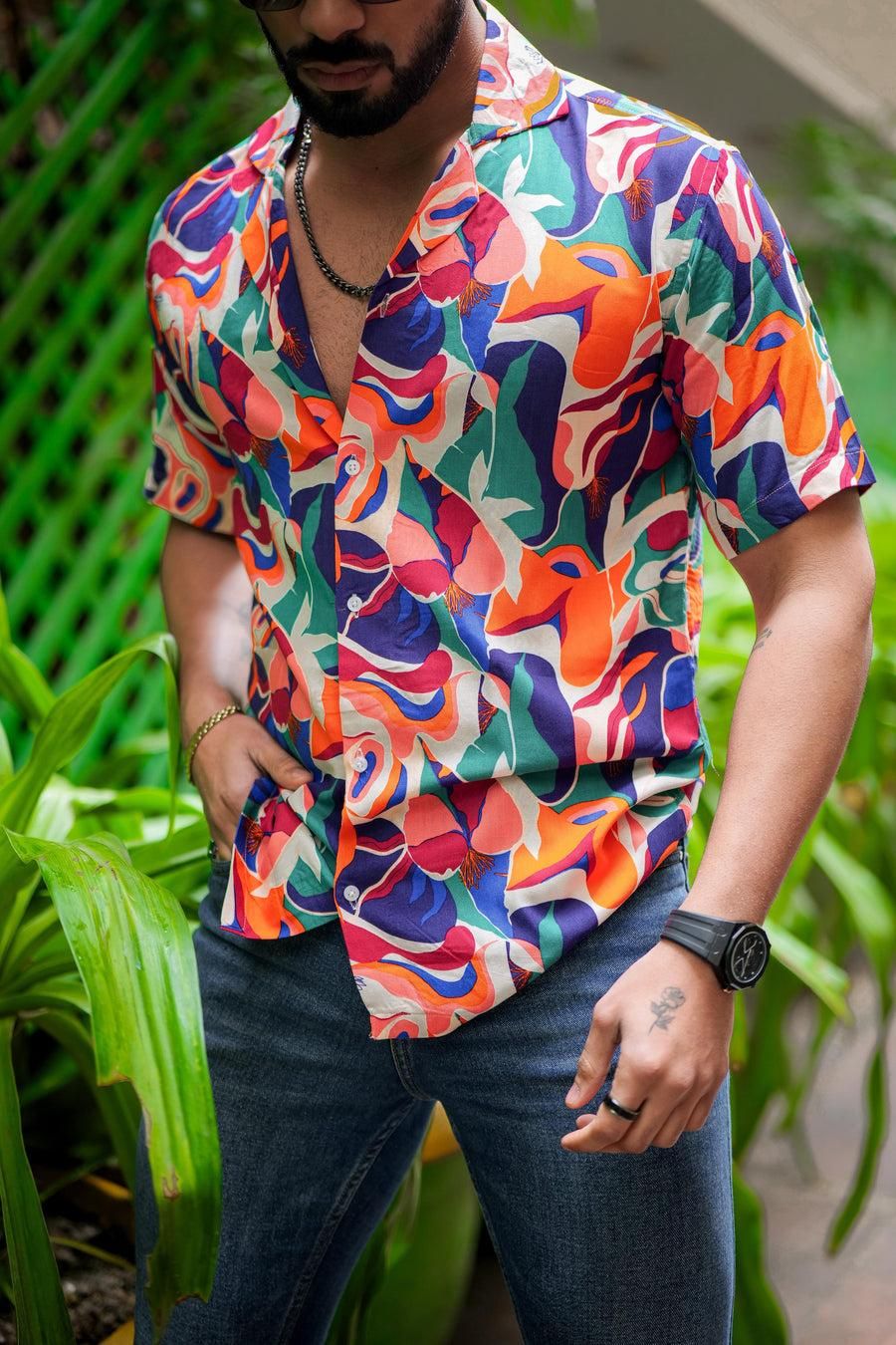 Men's Printed Rayon Cuban Collar Casual Shirt Multicolor