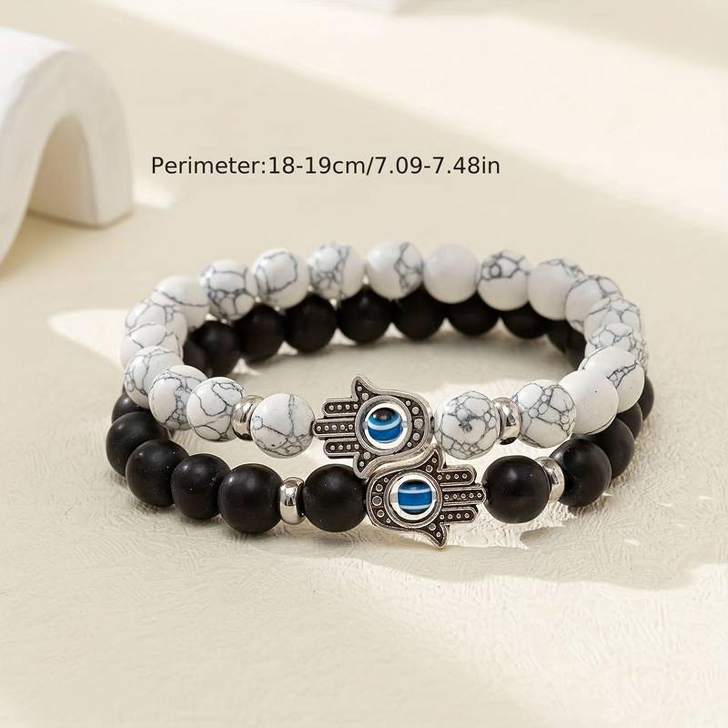 Fashion Frill Couple Beaded Onyx Evil Eye Stretchable Bracelet Black & White