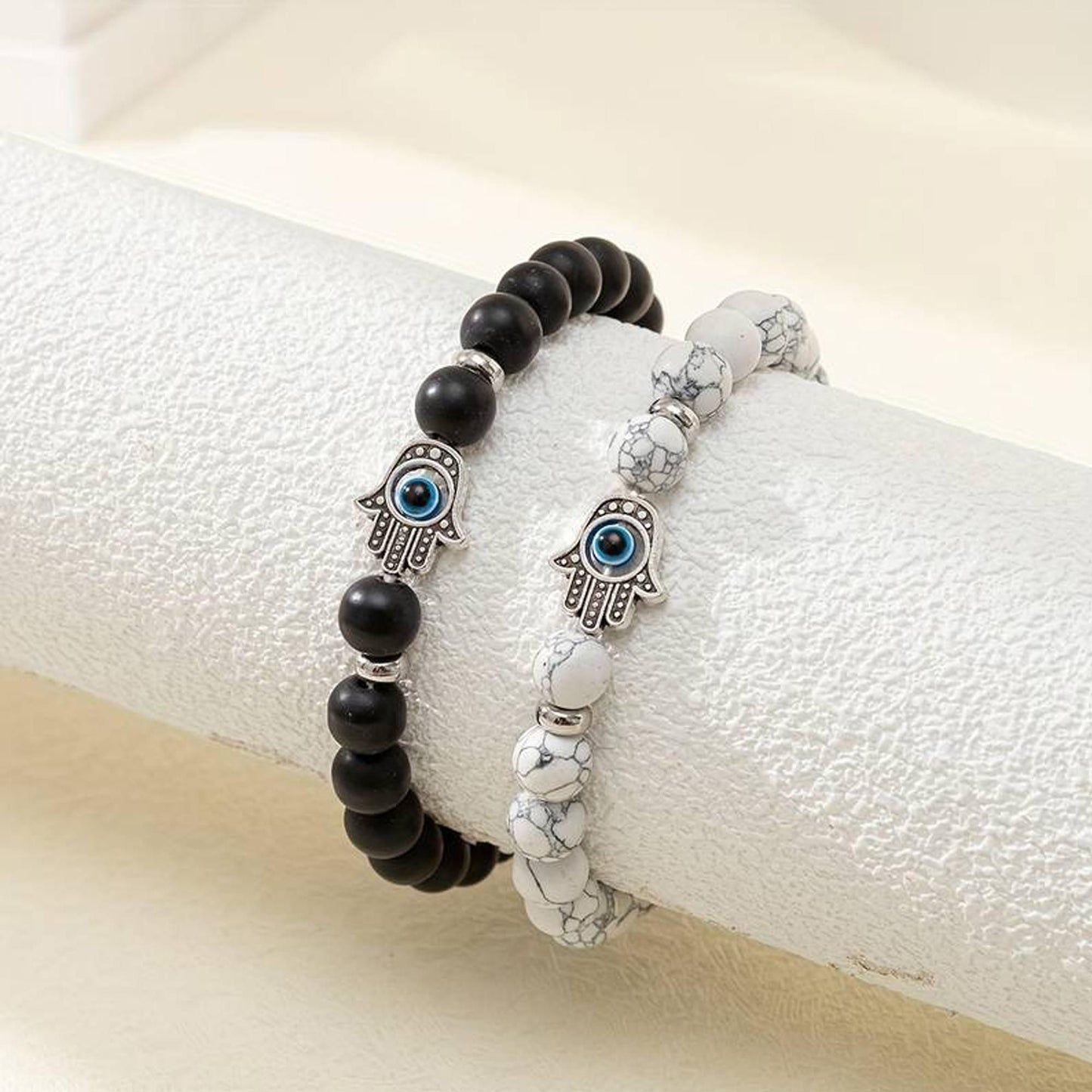 Fashion Frill Couple Beaded Onyx Evil Eye Stretchable Bracelet Black & White