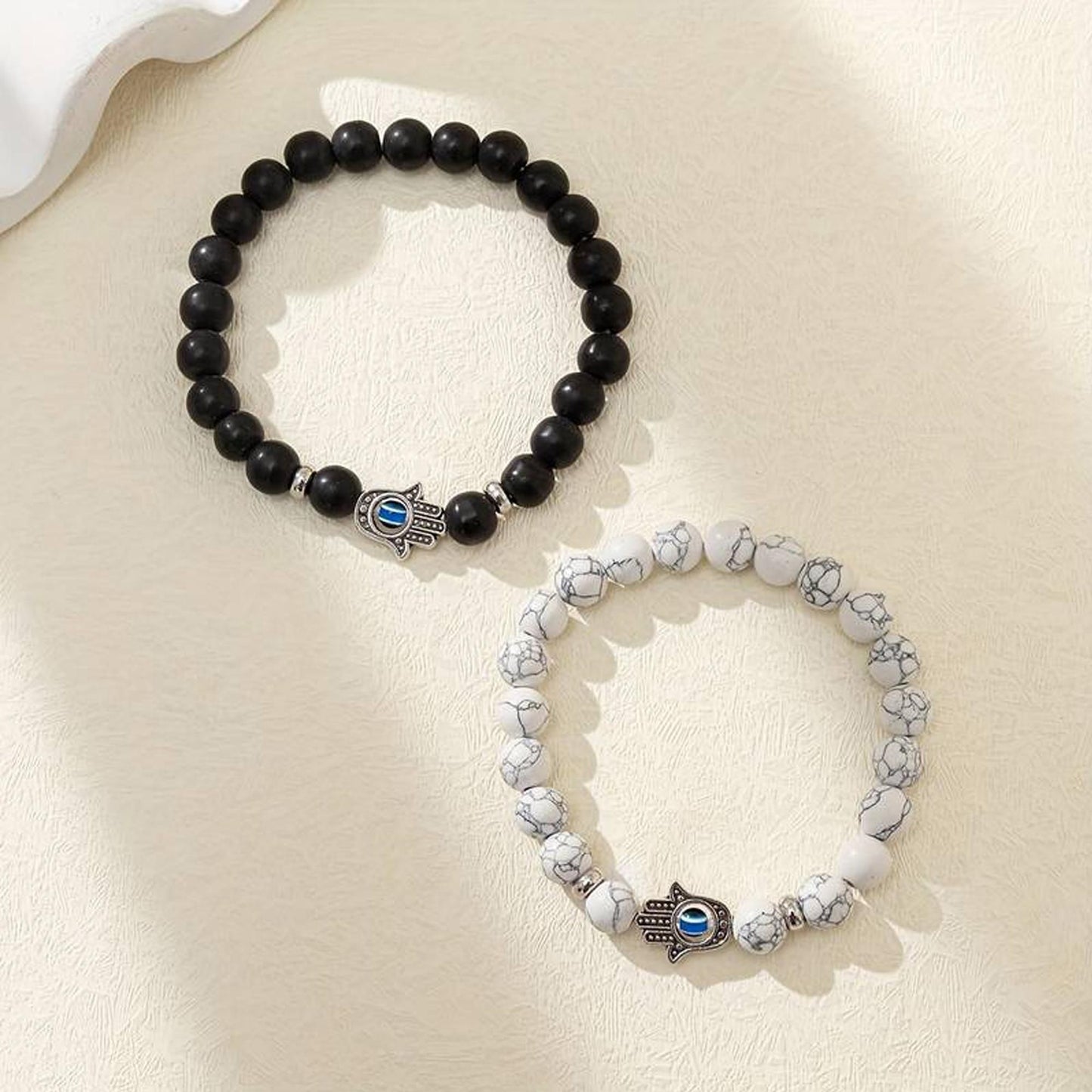 Fashion Frill Couple Beaded Onyx Evil Eye Stretchable Bracelet Black & White