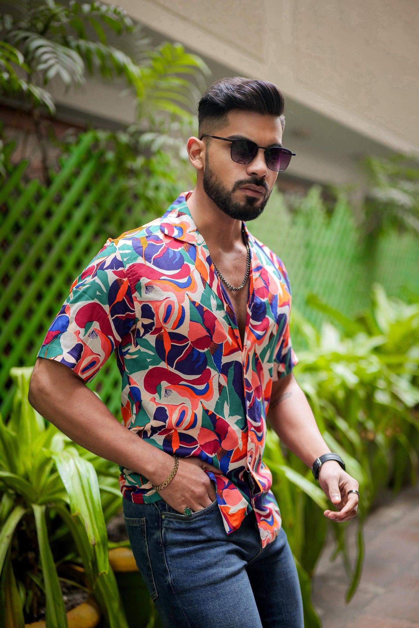 Men's Printed Rayon Cuban Collar Casual Shirt Multicolor