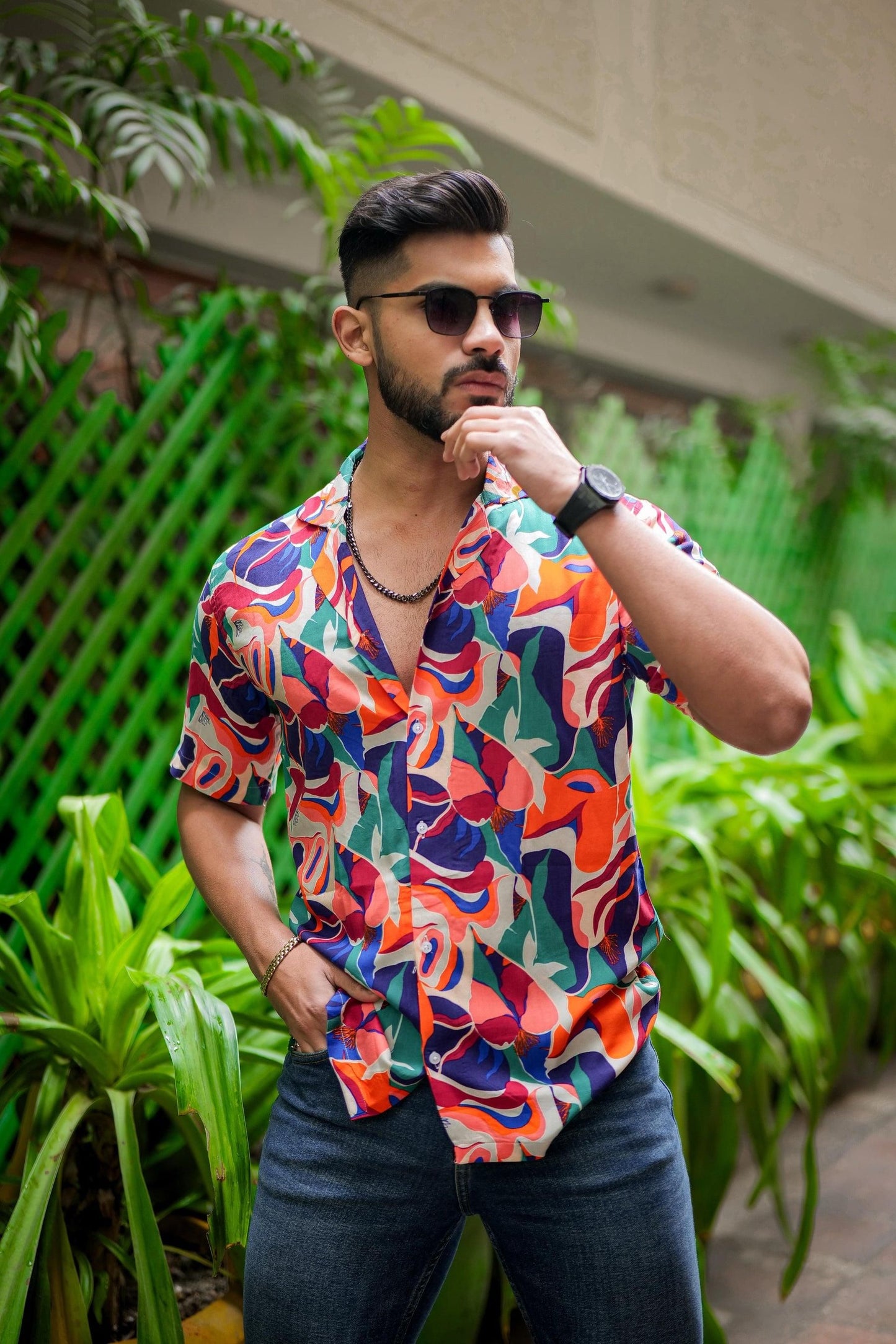 Men's Printed Rayon Cuban Collar Casual Shirt Multicolor