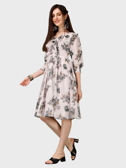 Women's Georgette Floral Print Flared Short Dress