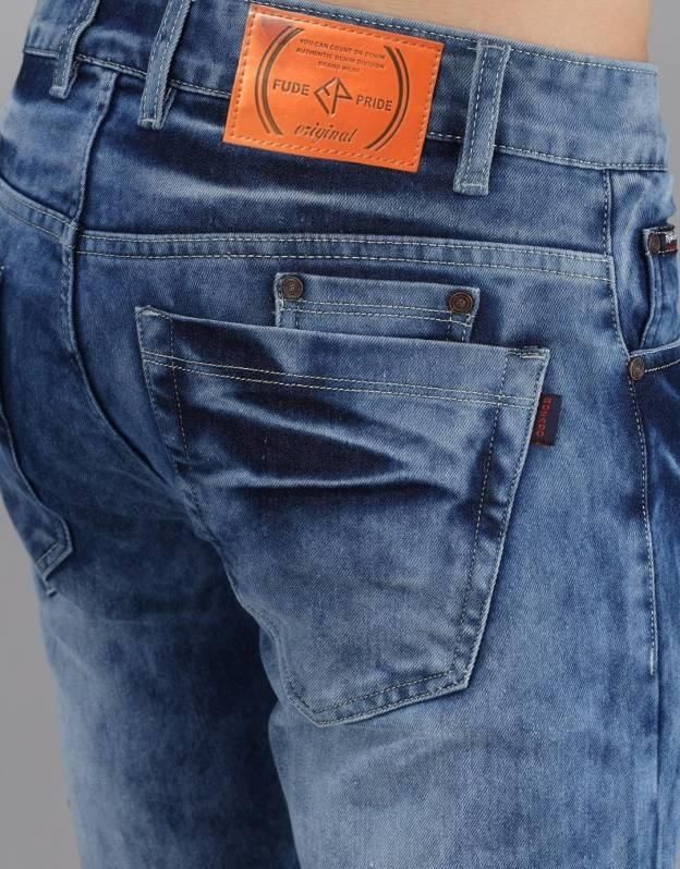 FUDE PRIDE Men's Slim Fit Mid Rise Distressed Blue Jeans