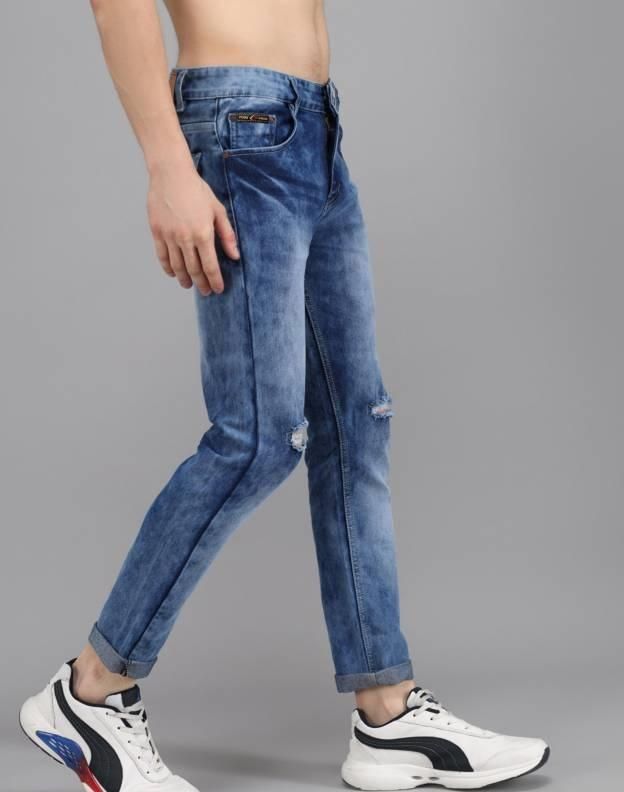 FUDE PRIDE Men's Slim Fit Mid Rise Distressed Blue Jeans