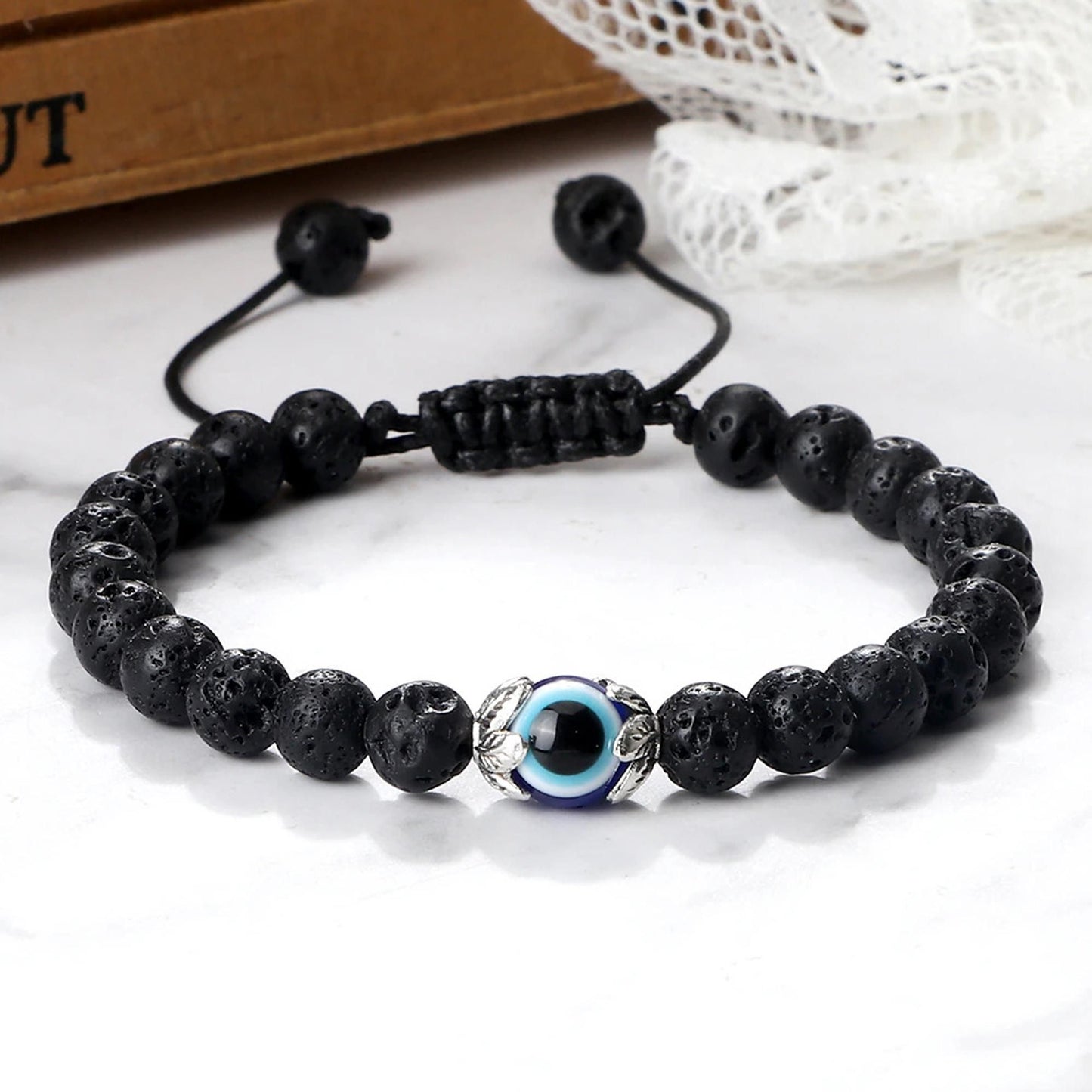 Fashion Frill Unisex Lava Stone Beads Evil Eye Black Bracelet