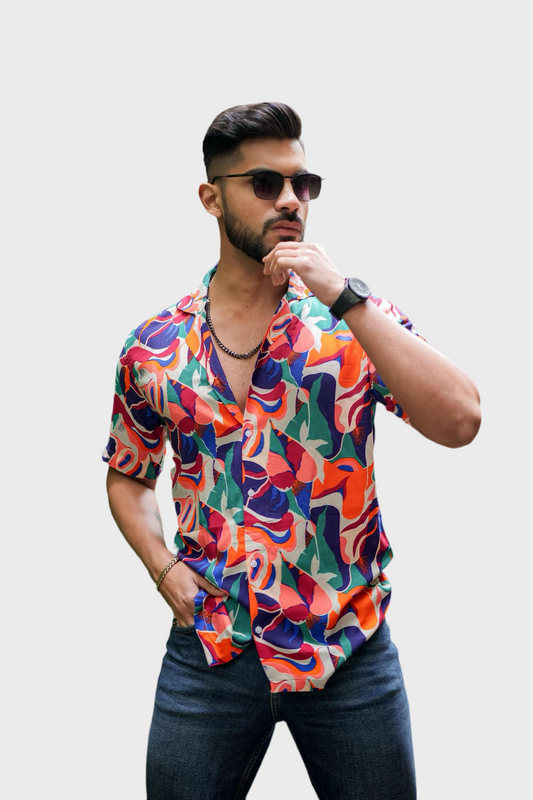 Men's Printed Rayon Cuban Collar Casual Shirt Multicolor