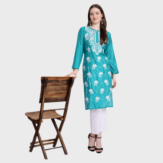 Women Chikankari Chanderi Silk Straght Kurti