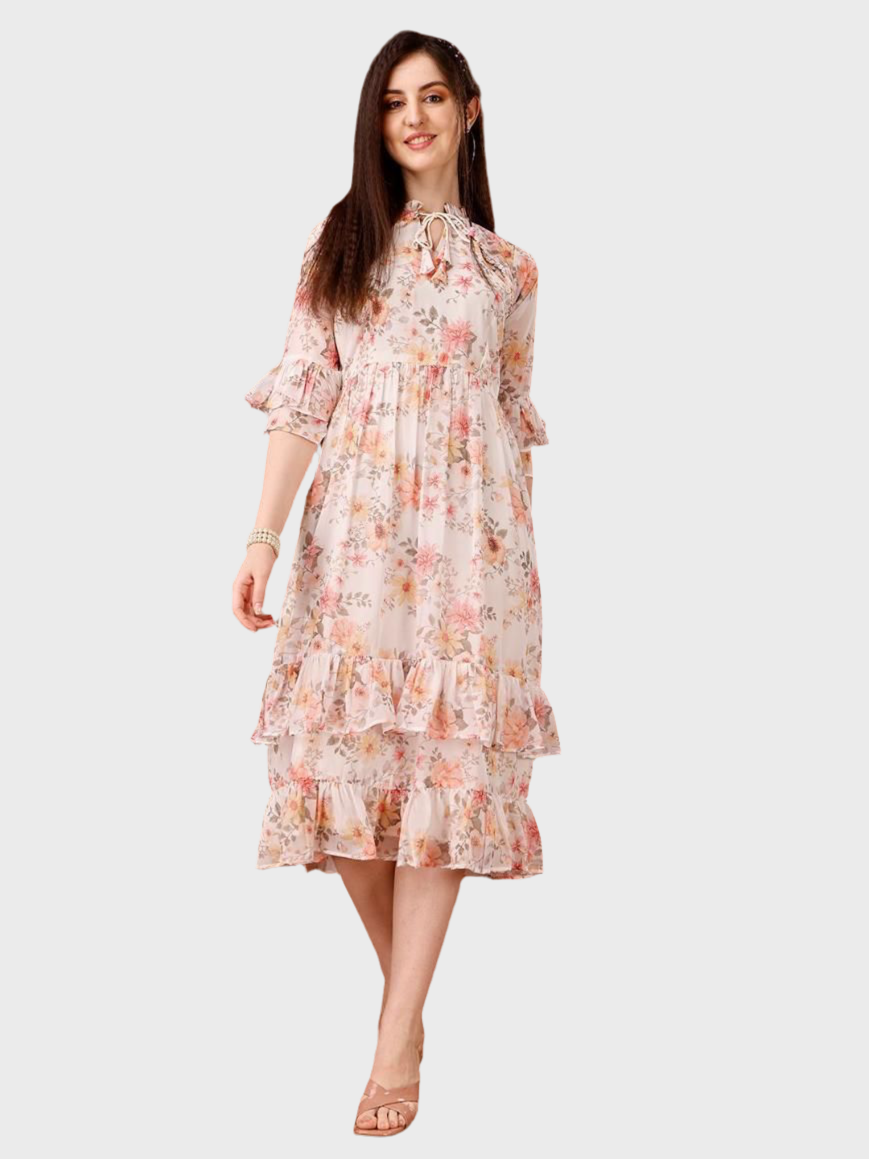 Women's Georgette Floral Print Flared Midi Dress