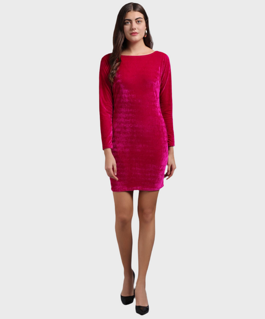 Women's Solid Pink Velvet Short Dress